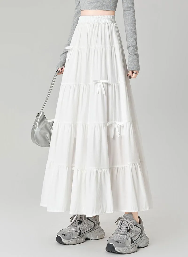 chouyatou Women's Casual Elastic Waist Ruffle Hem Skirt Vintage Bow Trim Pleated Flowy Swing Long Skirt