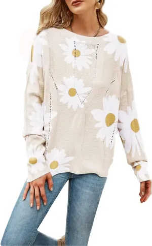 chouyatou Women's Crewneck Long Sleeve Floral Printed Knitted Sweater Pullover Tops