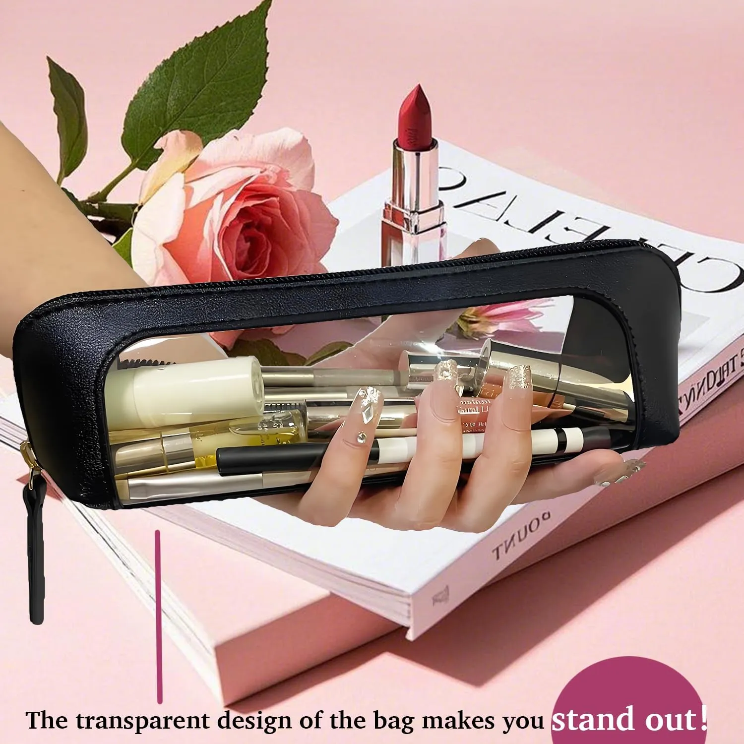 Clear Makeup Brush Bag Case,Leather Travel Make up Brush Holder, Portable MakeupBrush Case, Make Up Brush Pouch for Makeup Tools, Cosmetic Organizer with Zipper (Black)