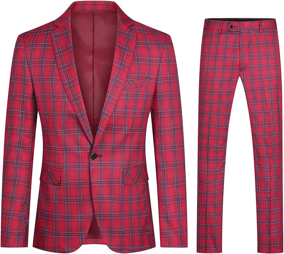 Cloudstyle Mens 2 PCS Plaid Suits Slim Formal Suit Checkered Blazer Jacket Pants