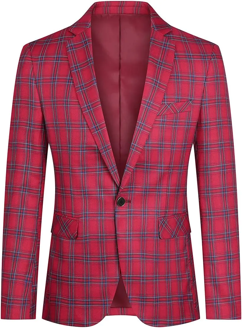 Cloudstyle Mens 2 PCS Plaid Suits Slim Formal Suit Checkered Blazer Jacket Pants