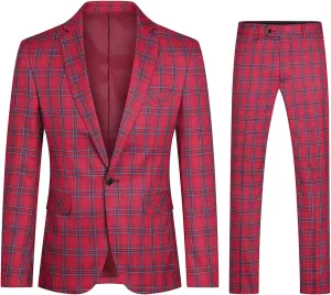 Cloudstyle Mens 2 PCS Plaid Suits Slim Formal Suit Checkered Blazer Jacket Pants