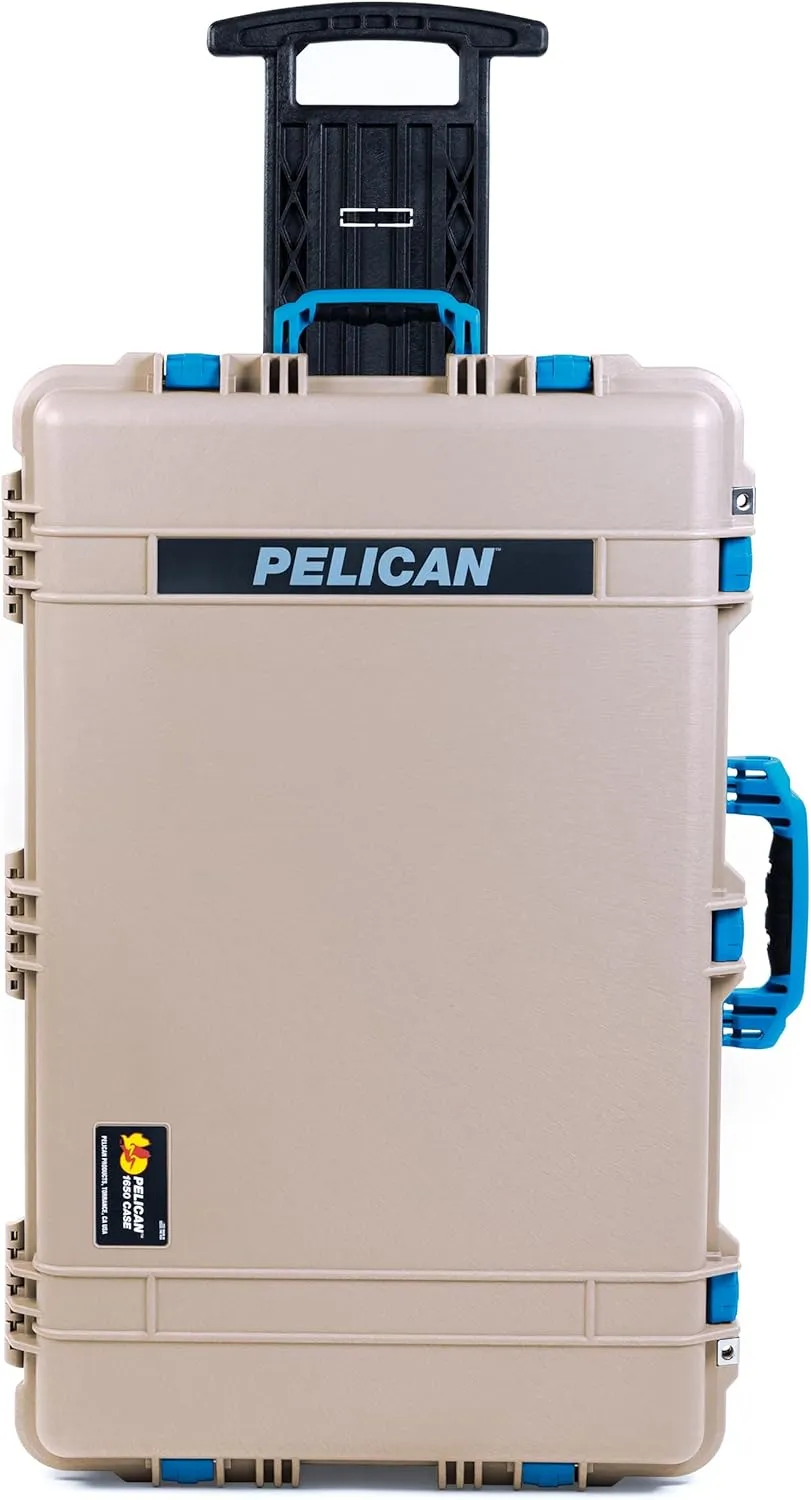 ColorCase Pelican 1650 Case Desert Tan - Large Sized Rolling Waterproof Case with Pick & Pluck Foam & Convoluted Lid Foam - Blue Handles & Latches