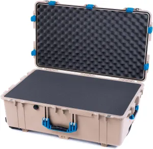 ColorCase Pelican 1650 Case Desert Tan - Large Sized Rolling Waterproof Case with Pick & Pluck Foam & Convoluted Lid Foam - Blue Handles & Latches