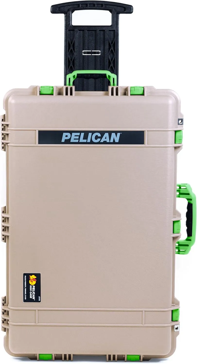 ColorCase Pelican 1650 Case Desert Tan - Large Sized Rolling Waterproof Case with Pick & Pluck Foam & Convoluted Lid Foam - Lime Green Handles & Latches