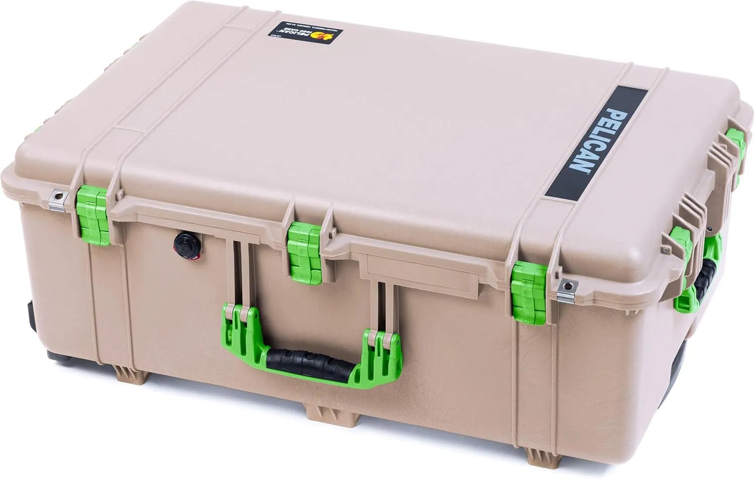 ColorCase Pelican 1650 Case Desert Tan - Large Sized Rolling Waterproof Case with Pick & Pluck Foam & Convoluted Lid Foam - Lime Green Handles & Latches