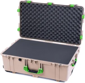 ColorCase Pelican 1650 Case Desert Tan - Large Sized Rolling Waterproof Case with Pick & Pluck Foam & Convoluted Lid Foam - Lime Green Handles & Latches