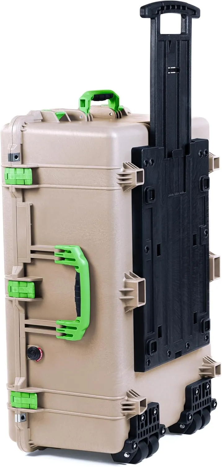 ColorCase Pelican 1650 Case Desert Tan - Large Sized Rolling Waterproof Case with Pick & Pluck Foam & Convoluted Lid Foam - Lime Green Handles & Latches