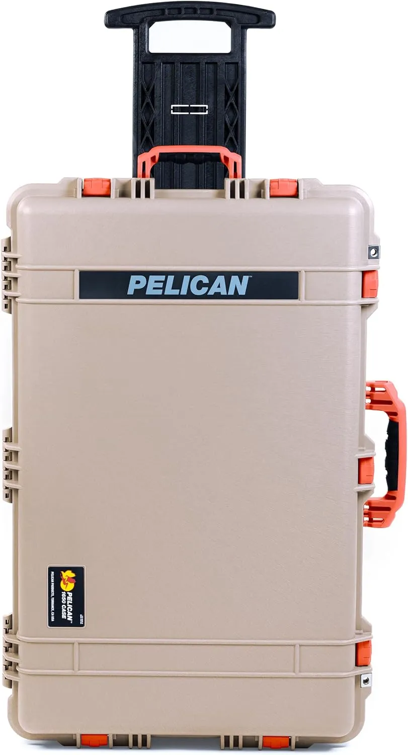 ColorCase Pelican 1650 Case Desert Tan - Large Sized Rolling Waterproof Case with Pick & Pluck Foam & Convoluted Lid Foam - Orange Handles & Latches