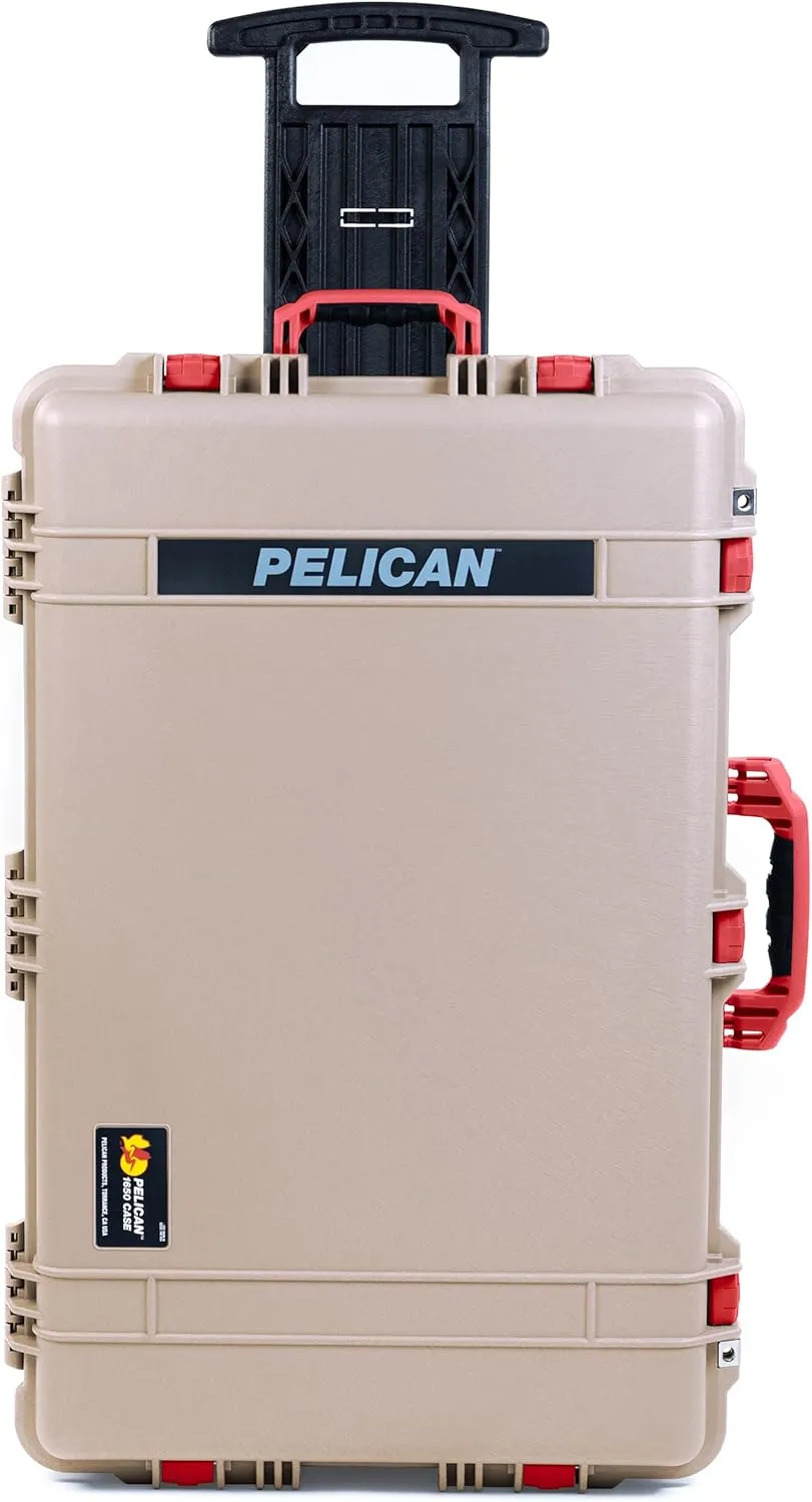 ColorCase Pelican 1650 Case Desert Tan - Large Sized Rolling Waterproof Case with Pick & Pluck Foam & Convoluted Lid Foam - Red Handles & Latches