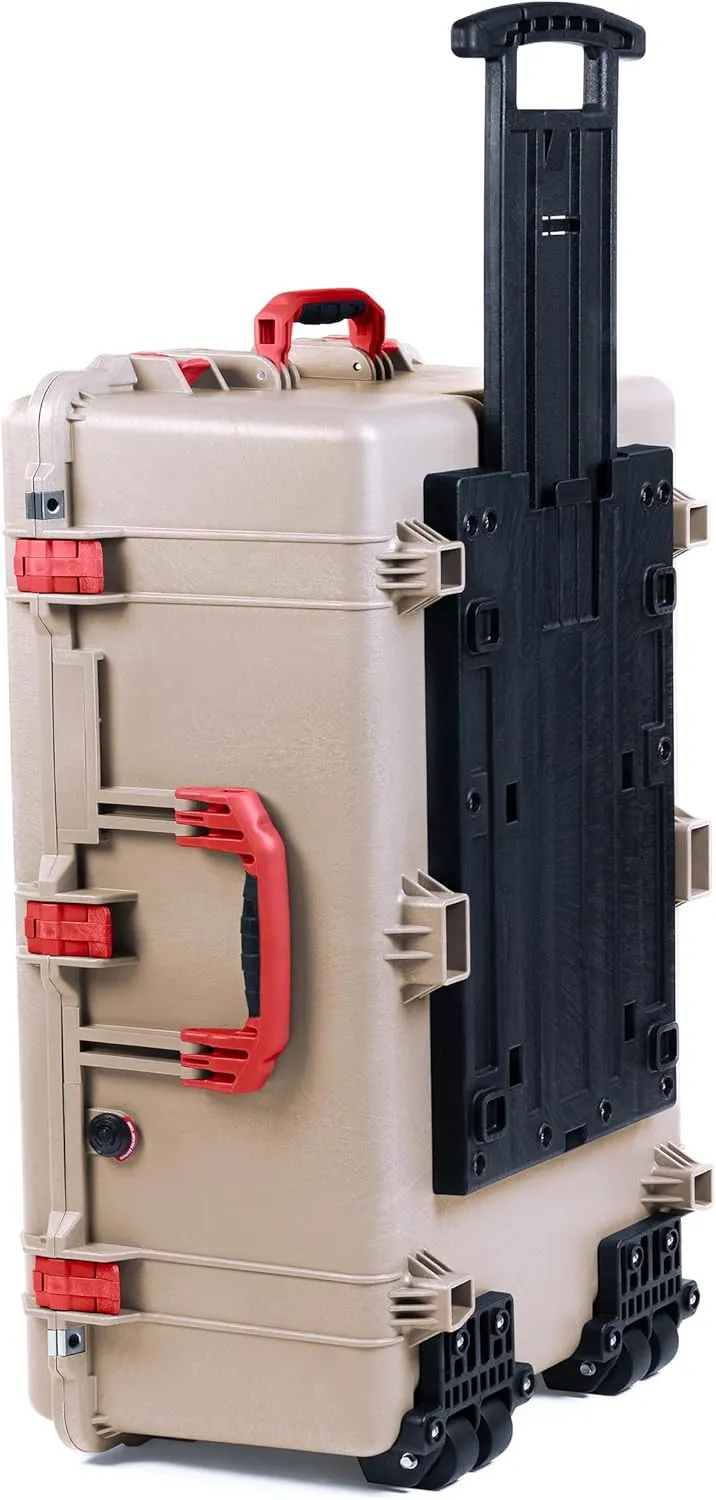 ColorCase Pelican 1650 Case Desert Tan - Large Sized Rolling Waterproof Case with Pick & Pluck Foam & Convoluted Lid Foam - Red Handles & Latches