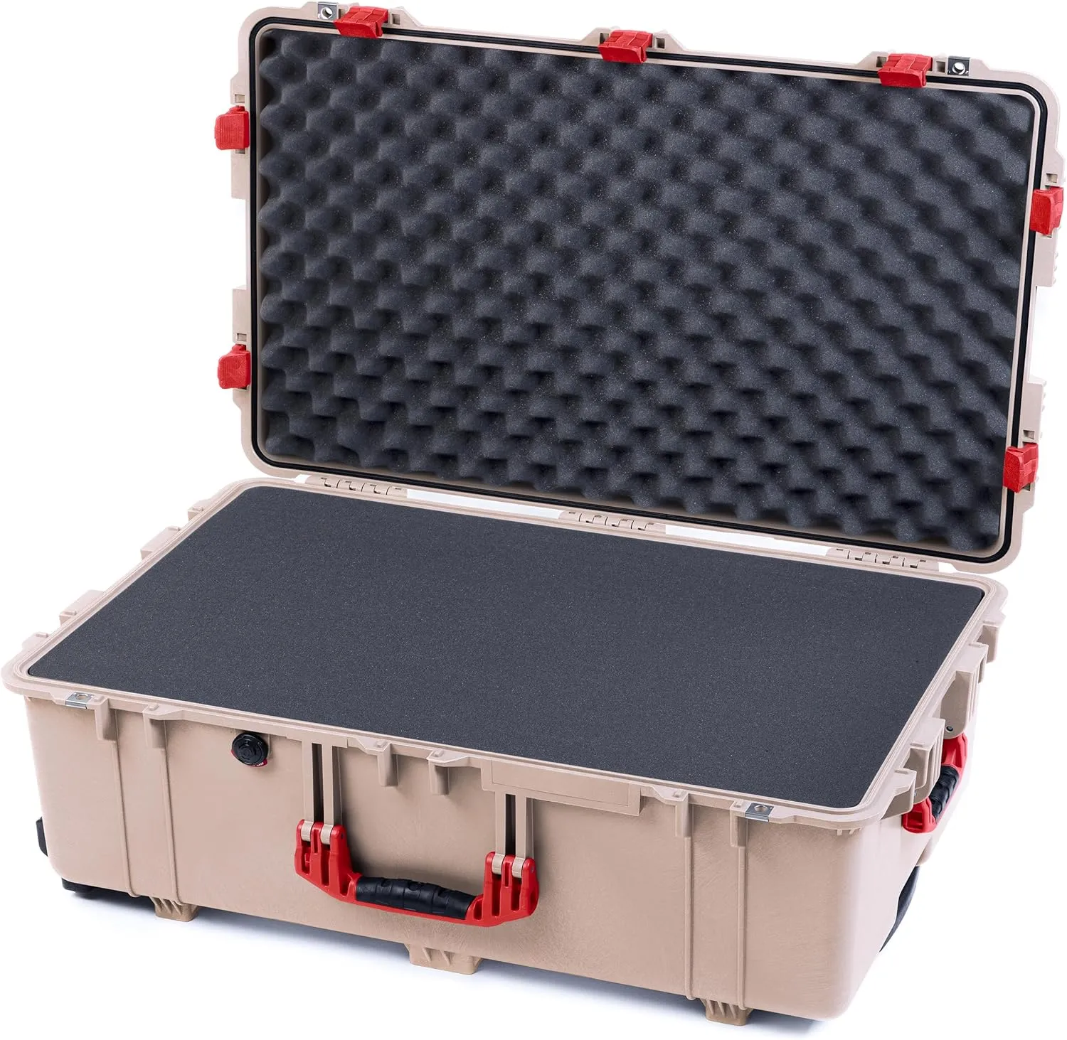 ColorCase Pelican 1650 Case Desert Tan - Large Sized Rolling Waterproof Case with Pick & Pluck Foam & Convoluted Lid Foam - Red Handles & Latches