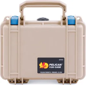 ColorCase Pelican Protector 1120 Case Desert Tan - Small Size Waterproof Case with Pick & Pluck Foam & Convoluted Lid Foam - Blue Latches