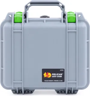ColorCase Pelican Protector 1200 Case Silver - Small Size Waterproof Case with Pick & Pluck Foam & Convoluted Lid Foam - Lime Green Latches