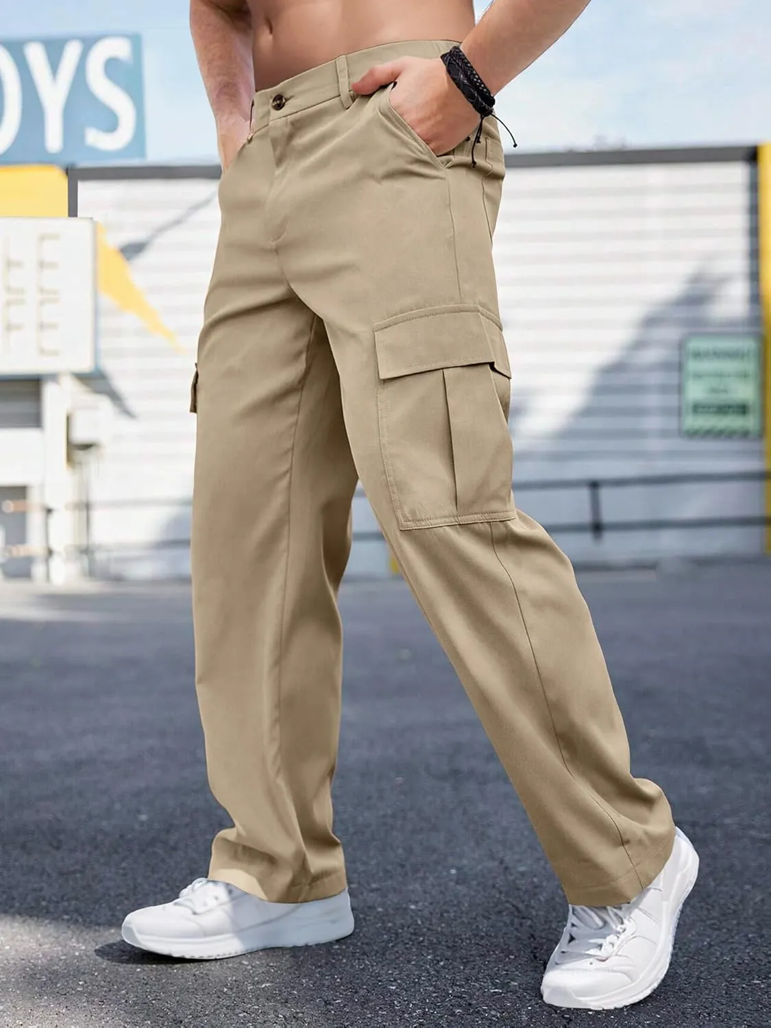 Comdecevis Mens Casual Cargo Pants Baggy Straight Leg Sweatpants with Large Flap Pockets Hiking Sports Trousers