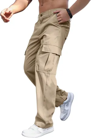 Comdecevis Mens Casual Cargo Pants Baggy Straight Leg Sweatpants with Large Flap Pockets Hiking Sports Trousers