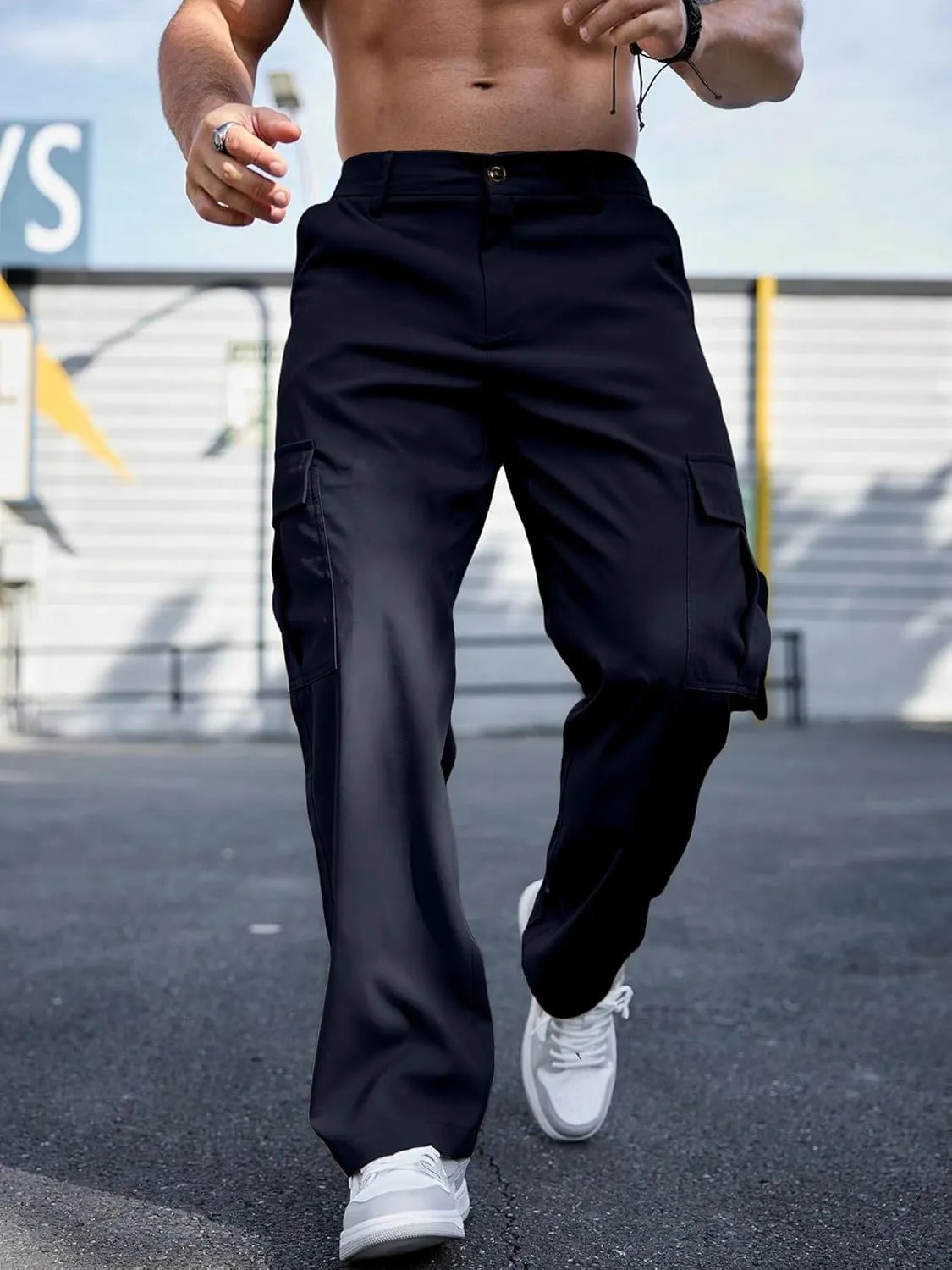 Comdecevis Mens Casual Cargo Pants Baggy Straight Leg Sweatpants with Large Flap Pockets Hiking Sports Trousers