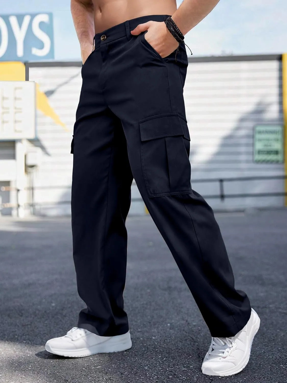 Comdecevis Mens Casual Cargo Pants Baggy Straight Leg Sweatpants with Large Flap Pockets Hiking Sports Trousers