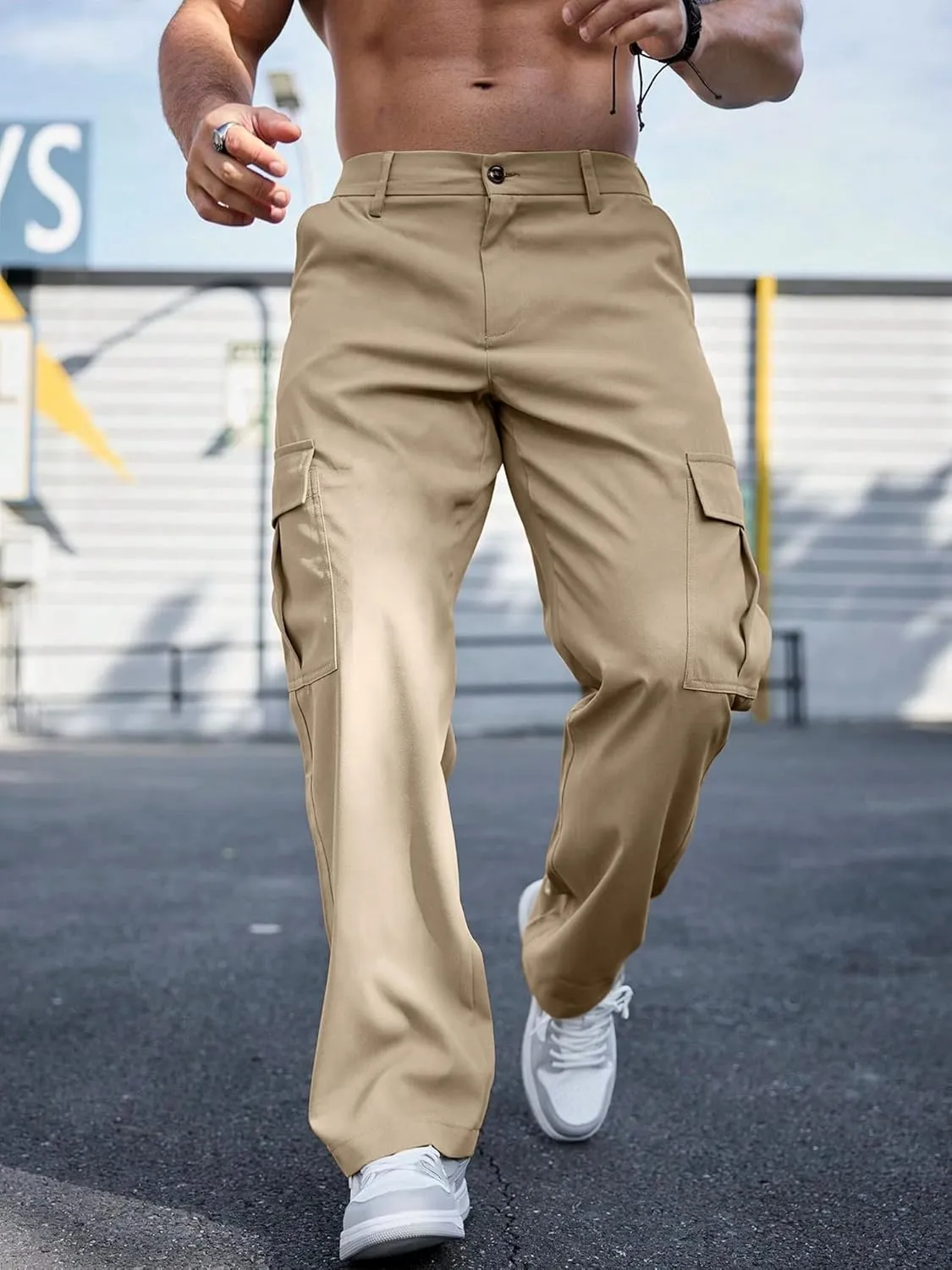 Comdecevis Mens Casual Cargo Pants Baggy Straight Leg Sweatpants with Large Flap Pockets Hiking Sports Trousers