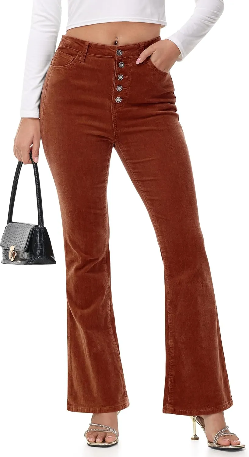 Corduroy High Waist Flare Pants - Women's Trendy Baggy Bell Bottom Wide Leg Trousers