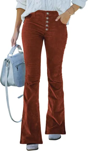 Corduroy High Waist Flare Pants - Women's Trendy Baggy Bell Bottom Wide Leg Trousers