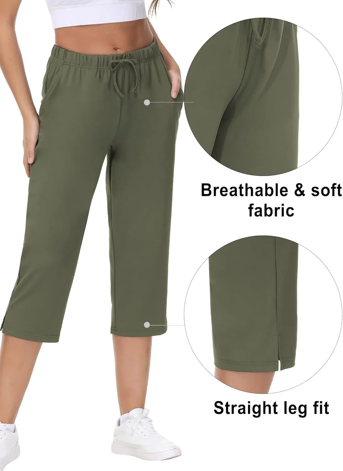 COZZIPLUS Womens Capris Yoga Pants Pull On Stretch Comfy Lightweight Summer Wide Leg Workout Crop with Pockets