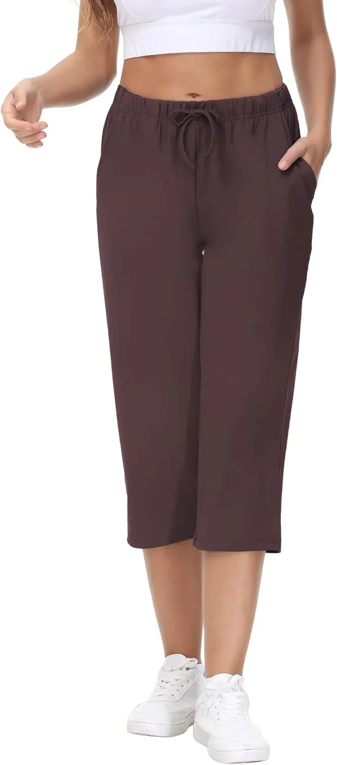 COZZIPLUS Womens Capris Yoga Pants Pull On Stretch Comfy Lightweight Summer Wide Leg Workout Crop with Pockets
