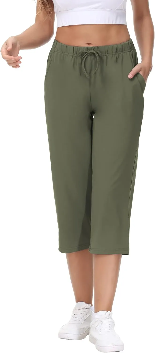 COZZIPLUS Womens Capris Yoga Pants Pull On Stretch Comfy Lightweight Summer Wide Leg Workout Crop with Pockets