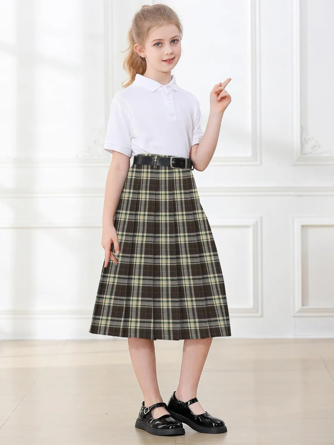 Cromoncent Girls Womens High Waist Pleated Long Skirt with Pockets
