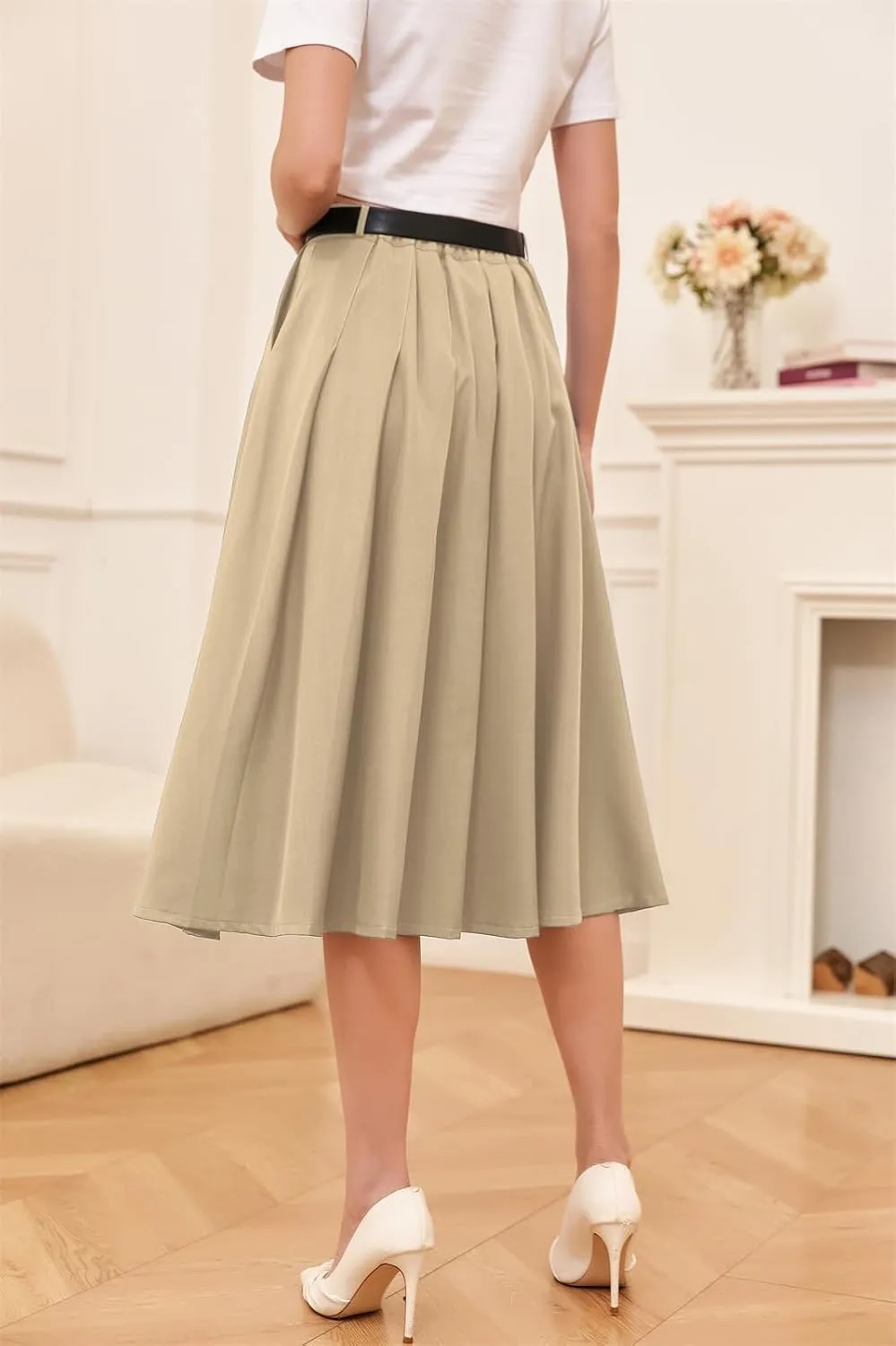 Cromoncent Girls Womens High Waist Pleated Long Skirt with Pockets