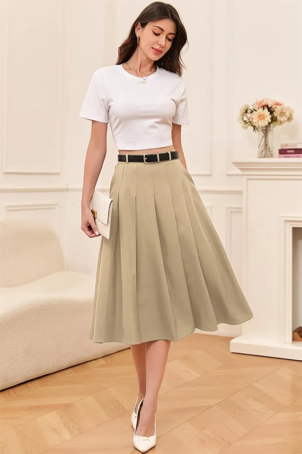 Cromoncent Girls Womens High Waist Pleated Long Skirt with Pockets