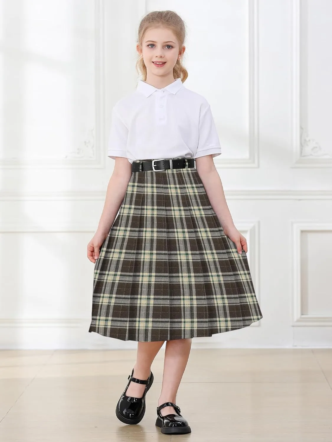 Cromoncent Girls Womens High Waist Pleated Long Skirt with Pockets