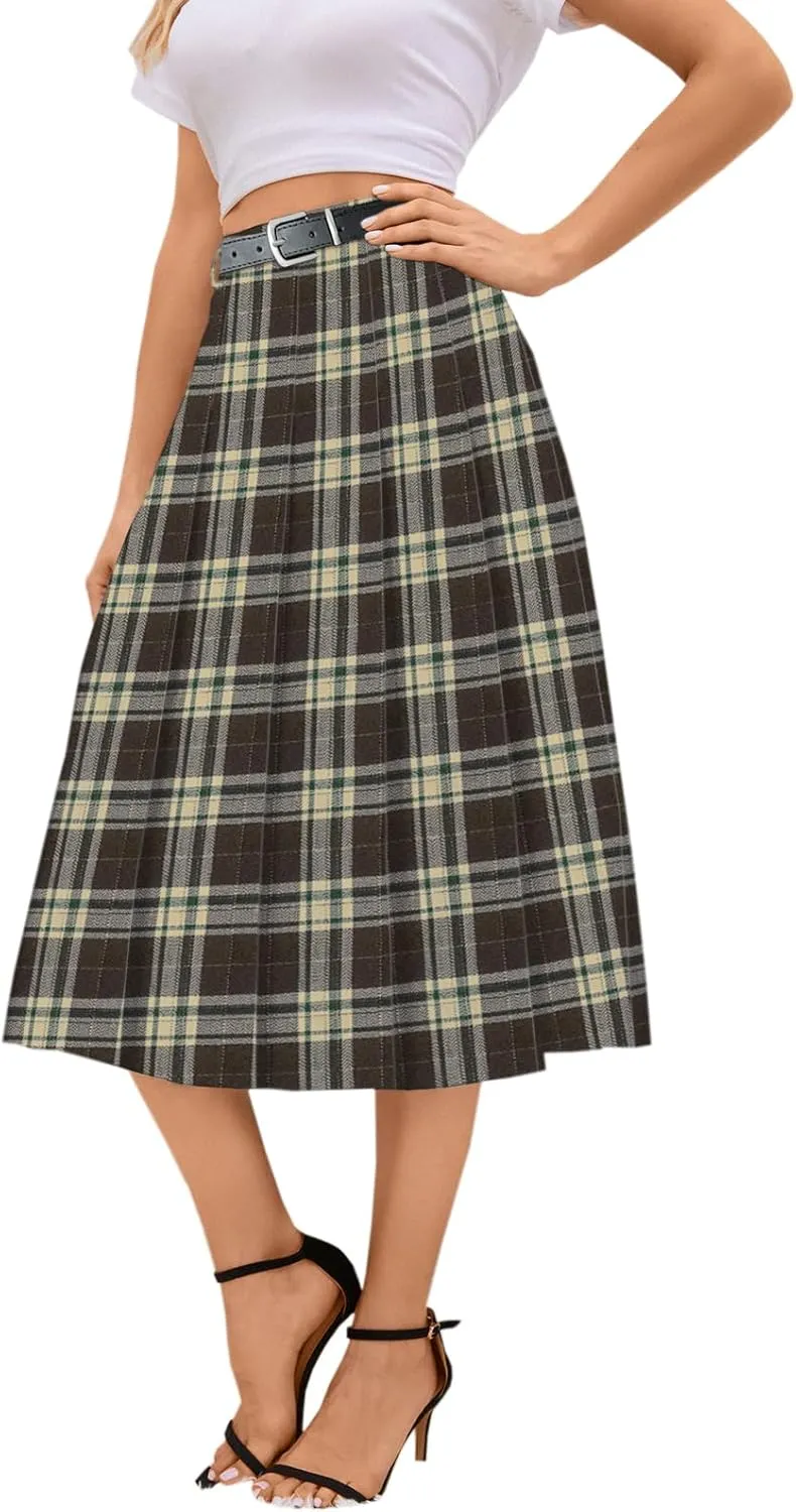 Cromoncent Girls Womens High Waist Pleated Long Skirt with Pockets