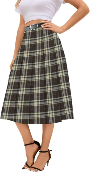 Cromoncent Girls Womens High Waist Pleated Long Skirt with Pockets
