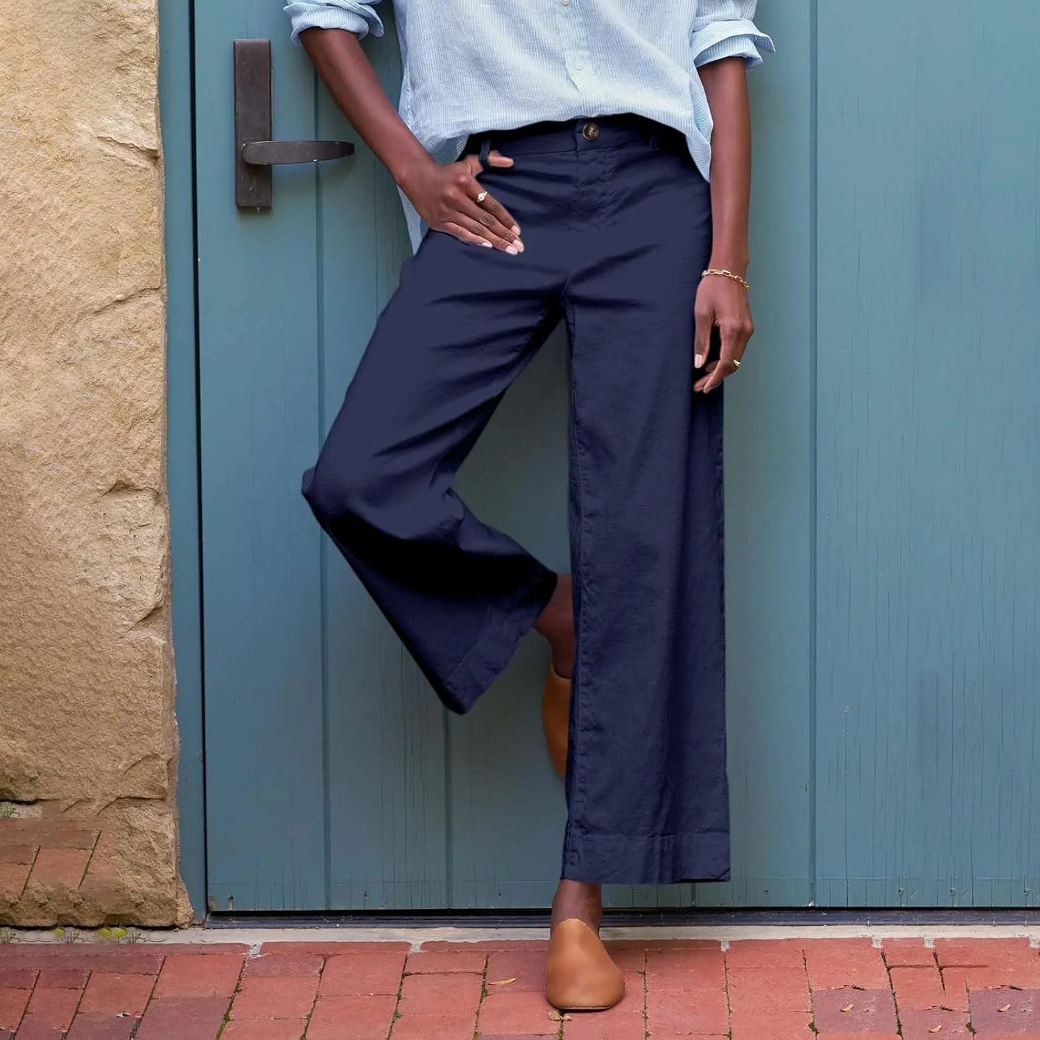 Cropped Linen Pants for Women Spring Summer Straight Leg Slacks Casual Wide Leg Daily Work Trousers with Pockets