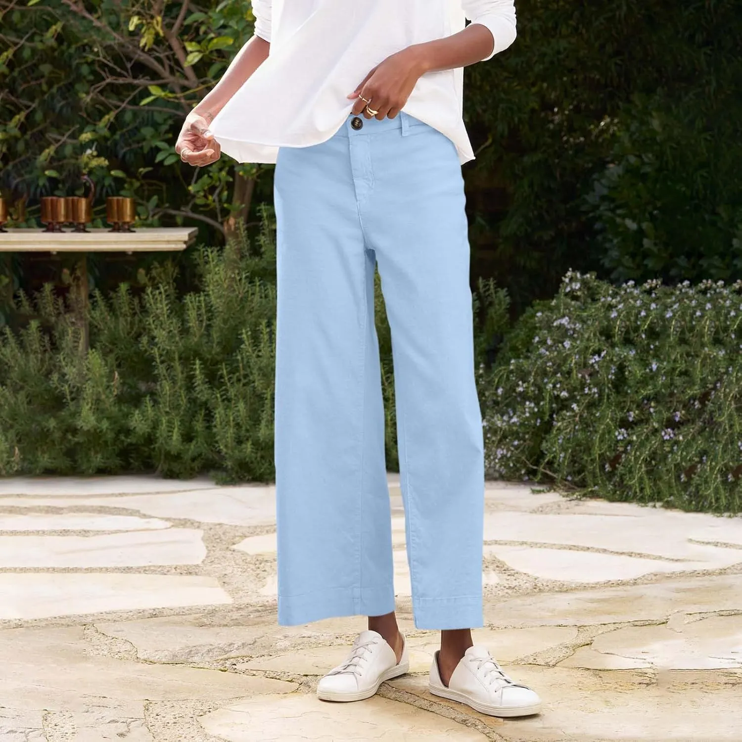 Cropped Linen Pants for Women Spring Summer Straight Leg Slacks Casual Wide Leg Daily Work Trousers with Pockets