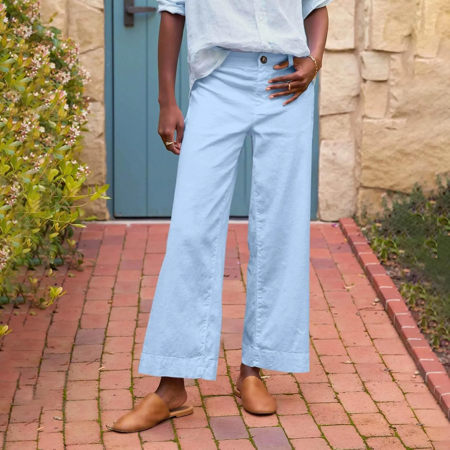 Cropped Linen Pants for Women Spring Summer Straight Leg Slacks Casual Wide Leg Daily Work Trousers with Pockets