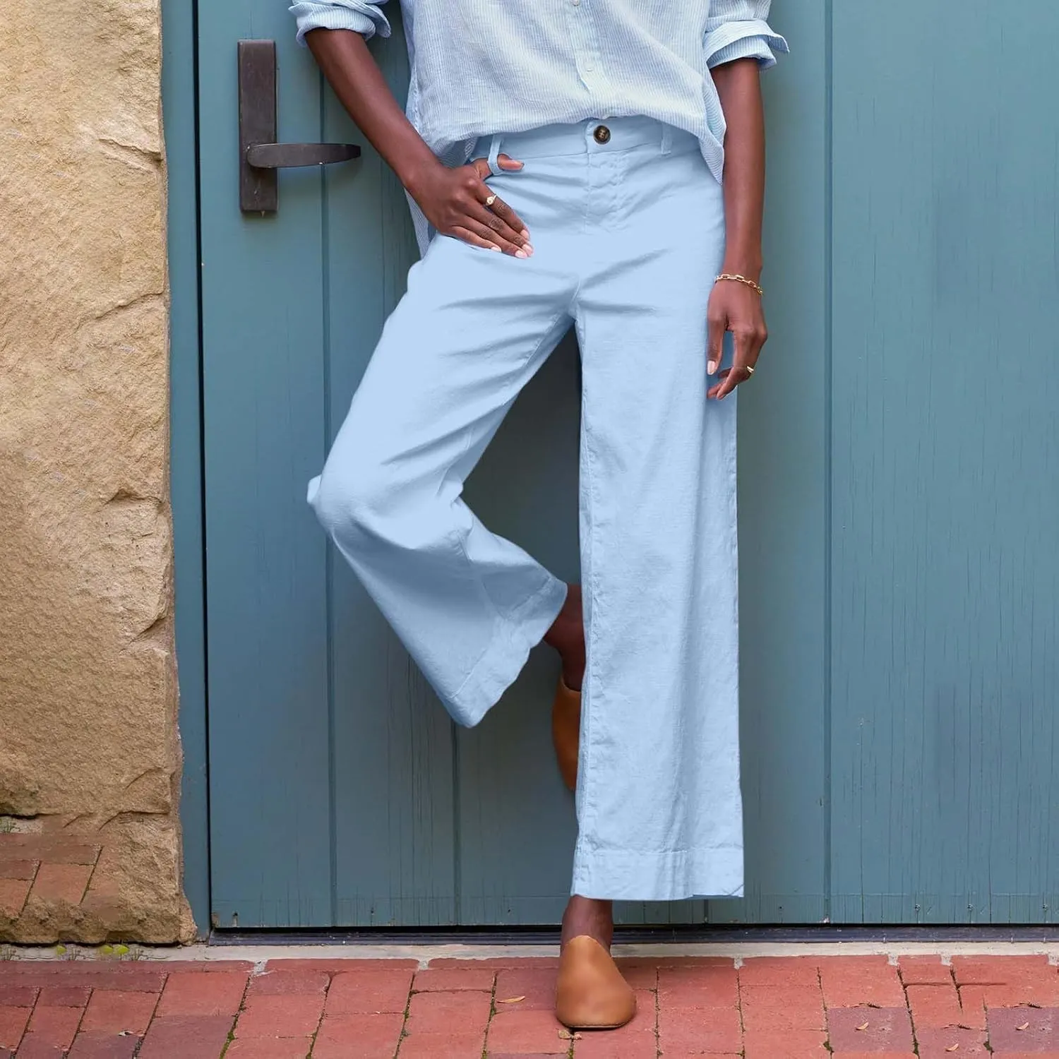 Cropped Linen Pants for Women Spring Summer Straight Leg Slacks Casual Wide Leg Daily Work Trousers with Pockets