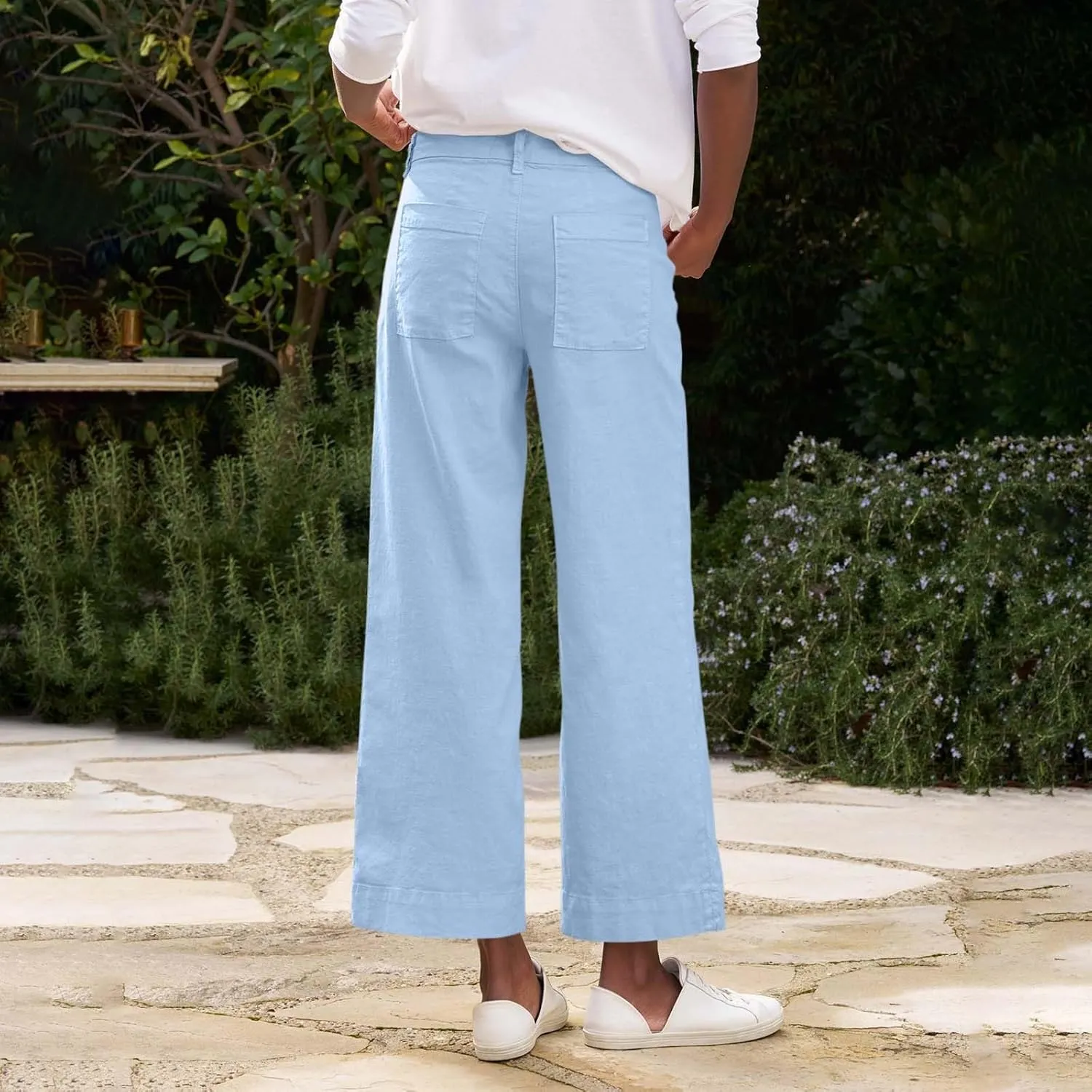 Cropped Linen Pants for Women Spring Summer Straight Leg Slacks Casual Wide Leg Daily Work Trousers with Pockets