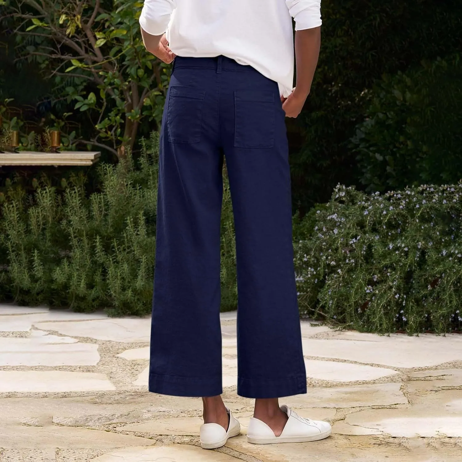 Cropped Linen Pants for Women Spring Summer Straight Leg Slacks Casual Wide Leg Daily Work Trousers with Pockets