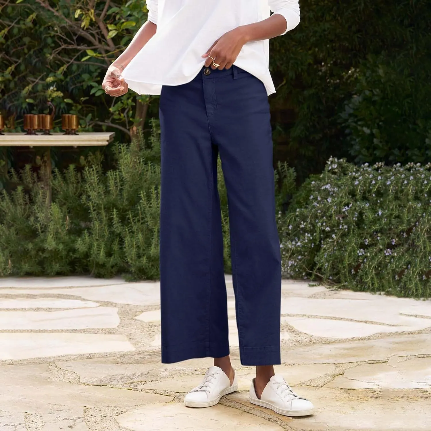 Cropped Linen Pants for Women Spring Summer Straight Leg Slacks Casual Wide Leg Daily Work Trousers with Pockets