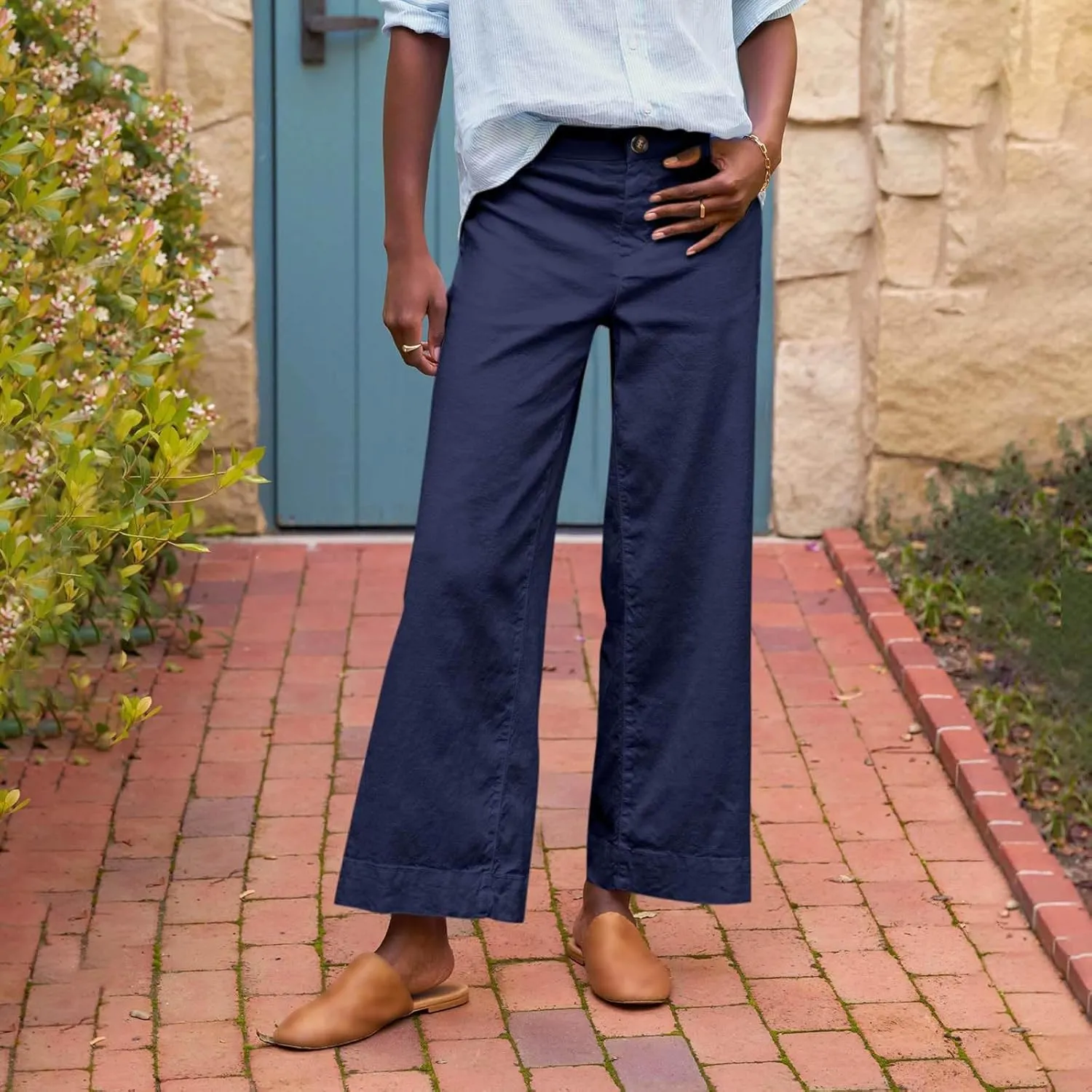 Cropped Linen Pants for Women Spring Summer Straight Leg Slacks Casual Wide Leg Daily Work Trousers with Pockets