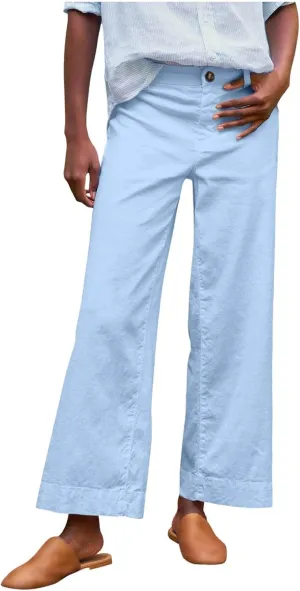 Cropped Linen Pants for Women Spring Summer Straight Leg Slacks Casual Wide Leg Daily Work Trousers with Pockets