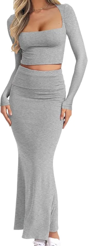 CSDAJIO 2 Piece Outfits for Women Long Sleeve Square Neck Crop Top Fitted T Shirt and Maxi Flowy Skirt Matching Sets