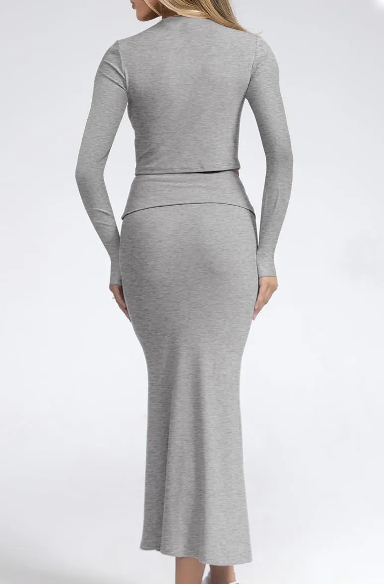 CSDAJIO 2 Piece Outfits for Women Long Sleeve Square Neck Crop Top Fitted T Shirt and Maxi Flowy Skirt Matching Sets