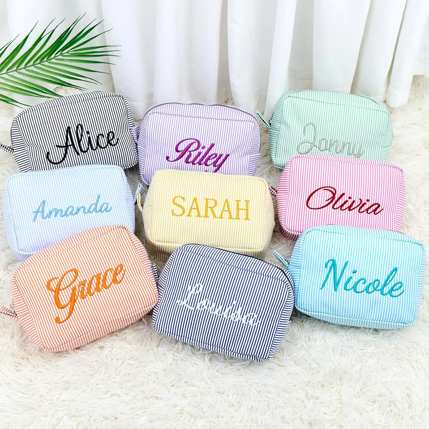 Custom Embroidered Makeup Bag Personalized Seersucker Cosmetic Pouch Large Travel Toiletry Bag for Women Wedding, Graduation Gift with Embroidery (Purple)