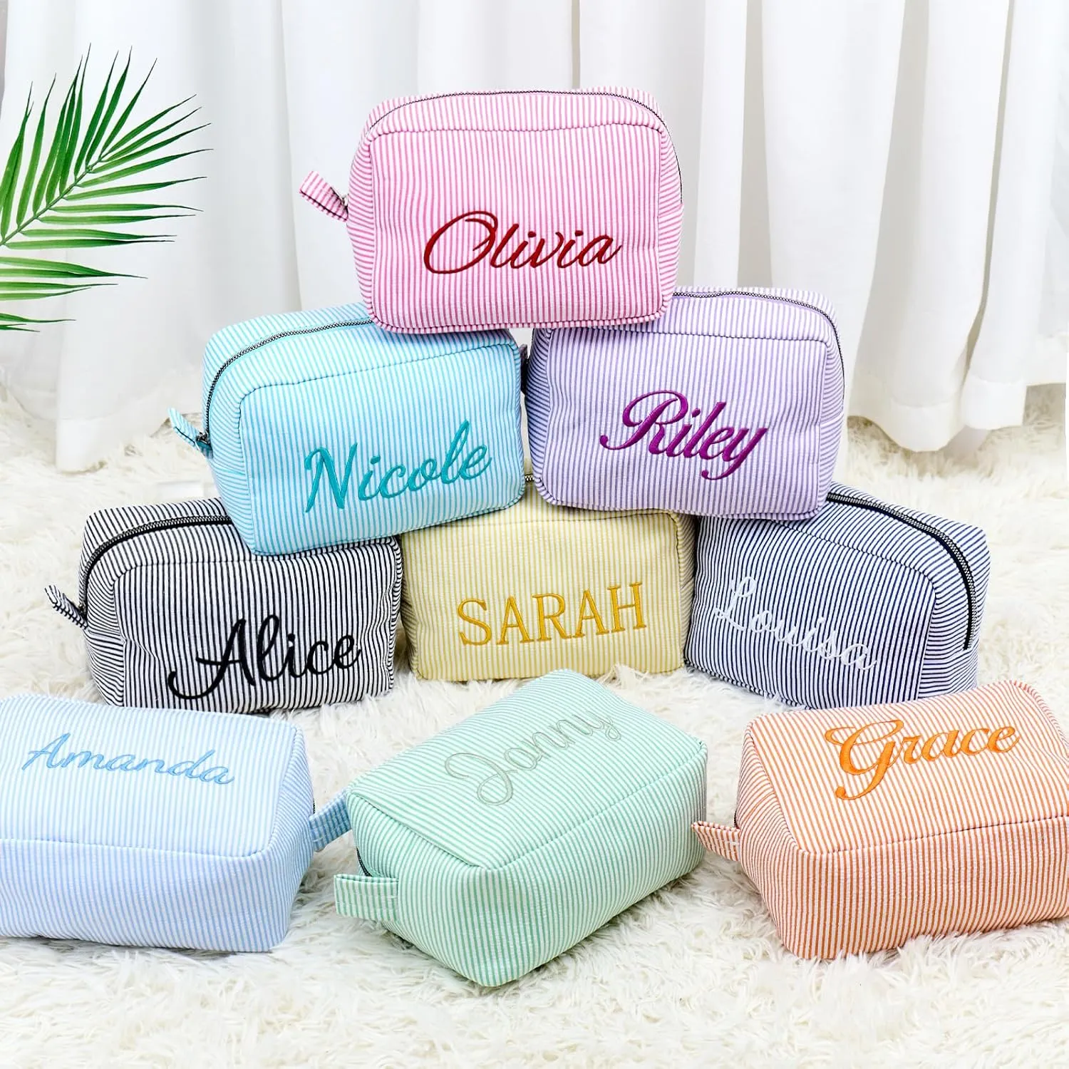 Custom Embroidered Makeup Bag Personalized Seersucker Cosmetic Pouch Large Travel Toiletry Bag for Women Wedding, Graduation Gift with Embroidery (Purple)