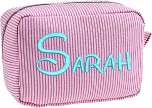Custom Embroidered Makeup Bag Personalized Seersucker Cosmetic Pouch Large Travel Toiletry Bag for Women Wedding, Graduation Gift with Embroidery (Purple)