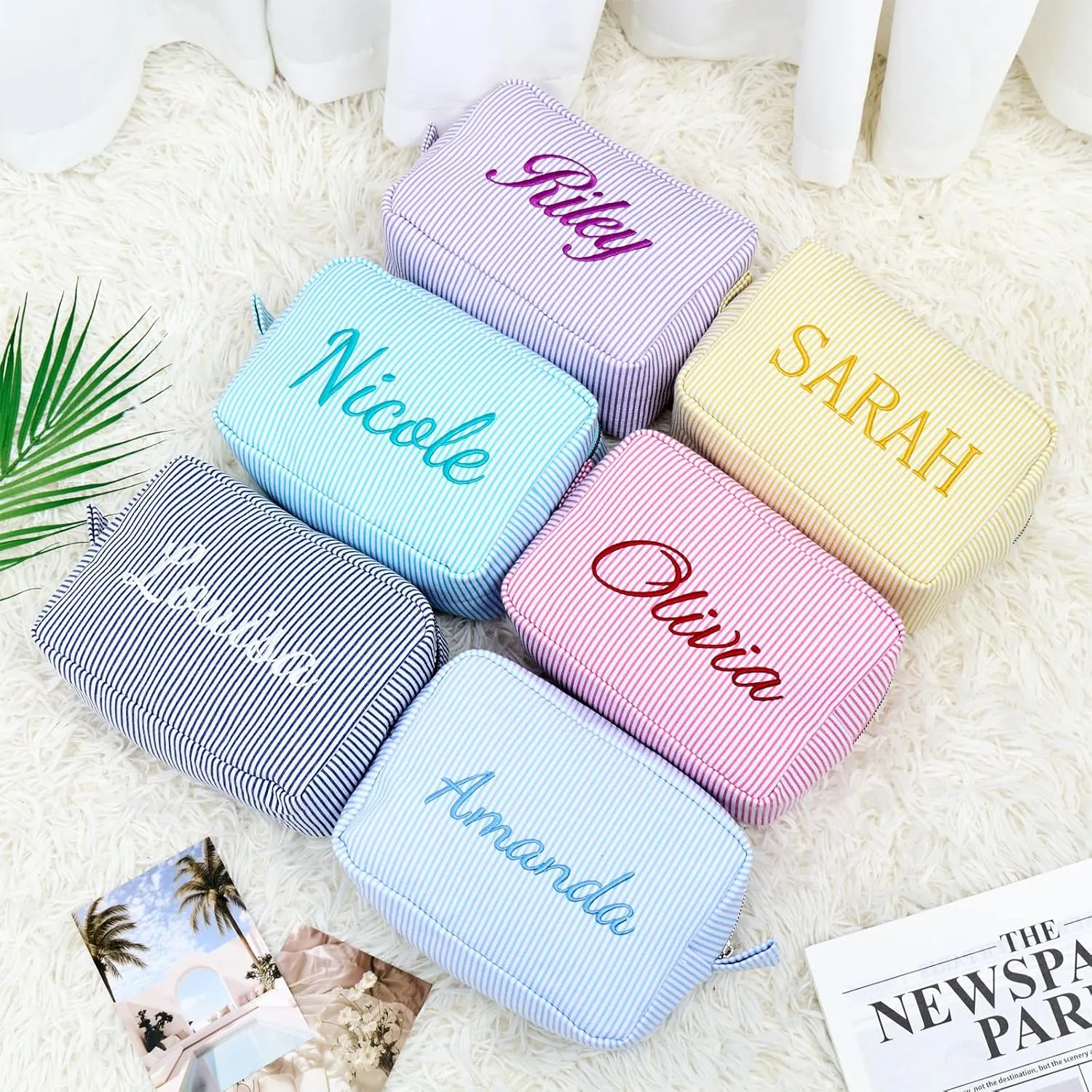 Custom Embroidered Makeup Bag Personalized Seersucker Cosmetic Pouch Large Travel Toiletry Bag for Women Wedding, Graduation Gift with Embroidery (Purple)