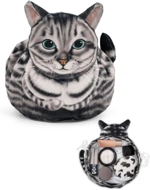 Cute Cat Makeup Bag Organizer - Large Cosmetic Pouch for Purse, Travel Toiletry Essentials (Gray Cat)